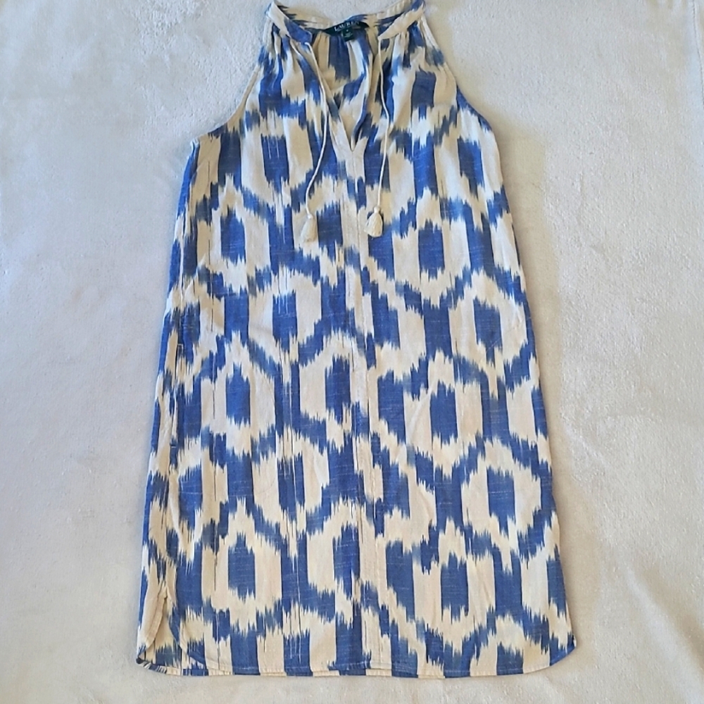 Lauren Ralph Lauren Sz 2 Blue White Ikat Print Tassel Tie Sleeveless Shift Dress